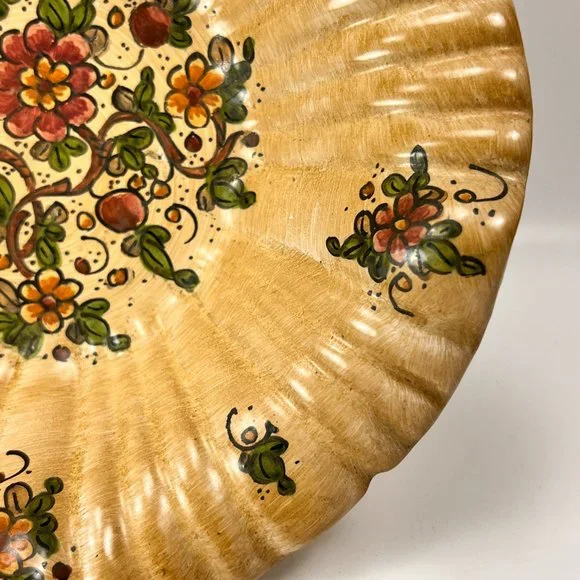 Vtg Cerbella Gubbio Ceramic Stoneware Pedestal Scalloped Fruit Bowl Floral Italy